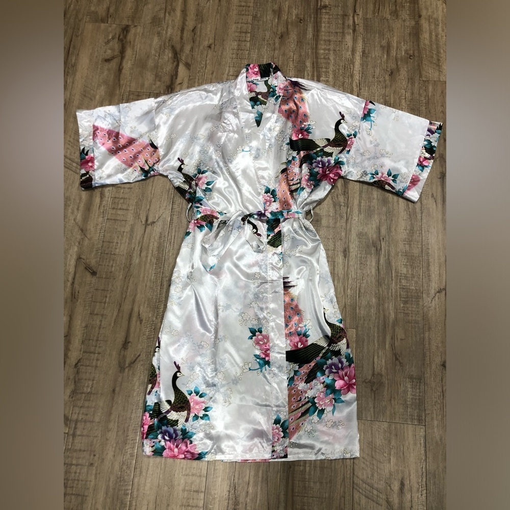 Sam Well Floral Satin Kimono Robe peacock floral flowers romantic night bath - Picture 2 of 9